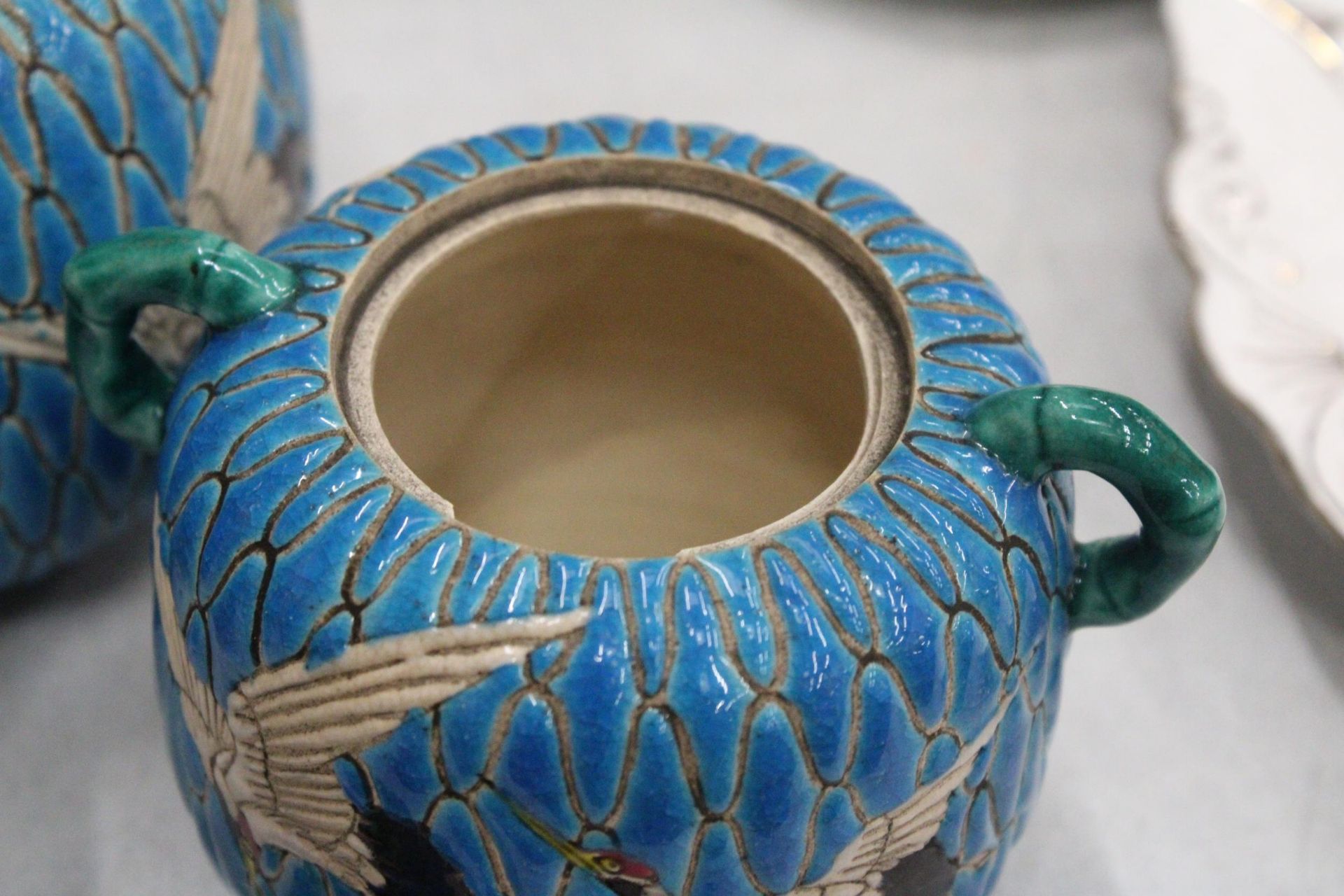 A JAPANESE SATSUMA BLUE MORRIAGE CRANE TEAPOT, LIDDED SUGAR BOWL AND TEACUP AND SAUCER - Image 7 of 7