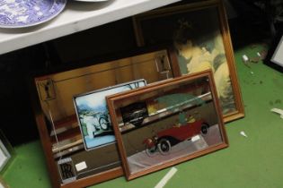 TWO MIRRORED FRAMED IMAGES OF CARS TO INCLUDE "ROLLS ROYCE" PLUS A FURTHER FRAMED PRINT OF A GIRL