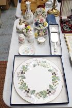 A LARGE MIXED LOT TO INCLUDE A BOXED ROYAL WORCESTER "LAVINIA" CAKE STAND, AYNSLEY SALT AND PEPPER