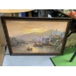 A LARGE OIL ON BOARD OF AN ORIENTAL HARBOUR SCENE, 69CM X 98CM