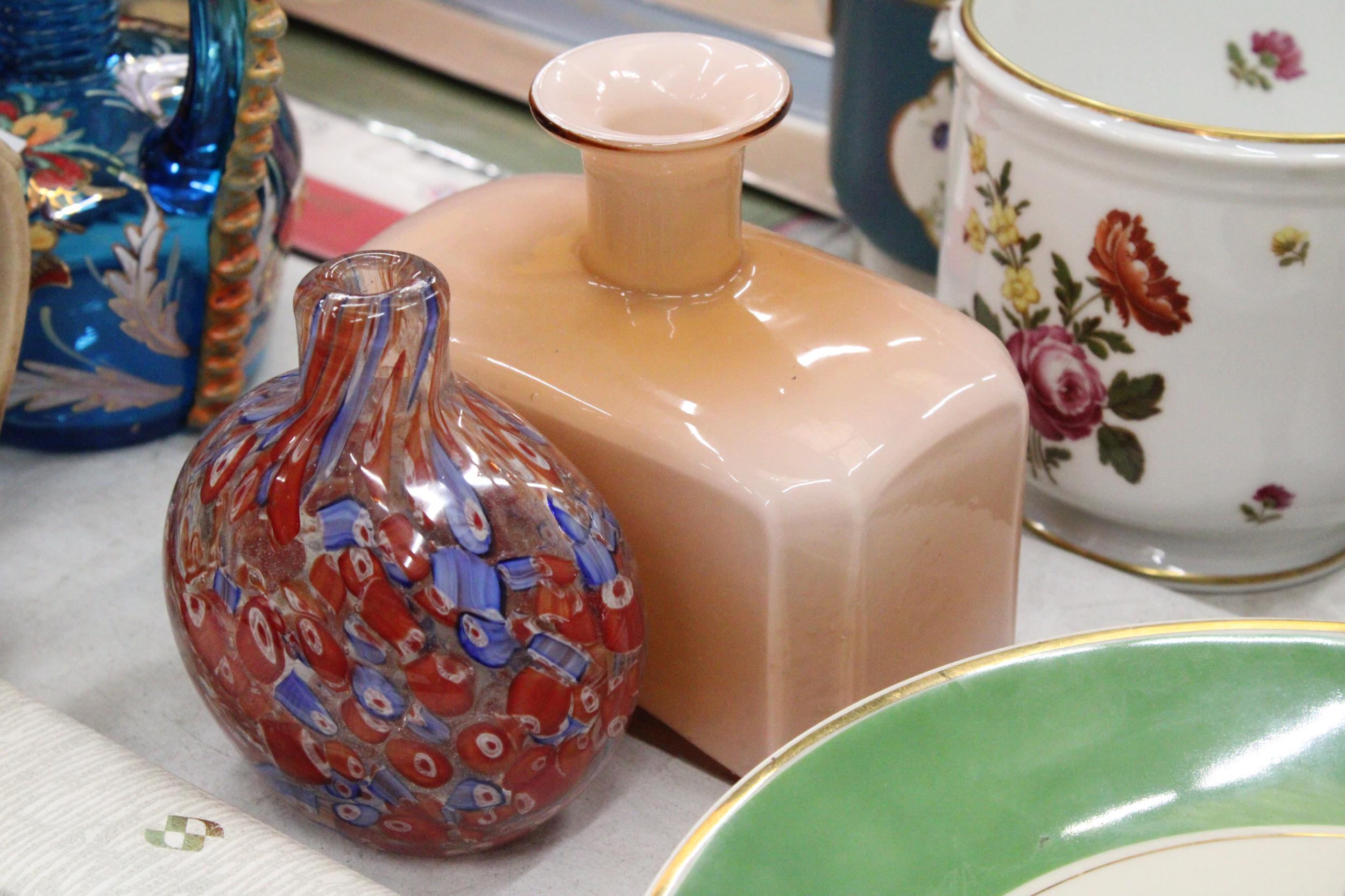 A PEACH GLASS BOTTLE VASE AND A MILLIFIORE VASE - POSSIBLY MURANO - Image 2 of 4