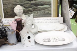 A MIXED LOT TO INCLUDE A BUST OF A LADY ON A PLINTH, HEIGHT 34CM, LARGE SERVING PLATES, AN ENAMEL