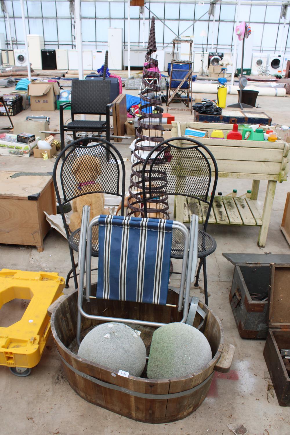 AN ASSORTMENT OF ITEMS TO INCLUDE A TROUGH PLANTER AND THREE VARIOUS CHAIRS ETC