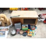 AN ASSORTMENT OF PET ITEMS TO INCLUDE AN AS NEW RABBIT HUTCH, A BMW DOG BOWL AND ACCESSORIES ETC