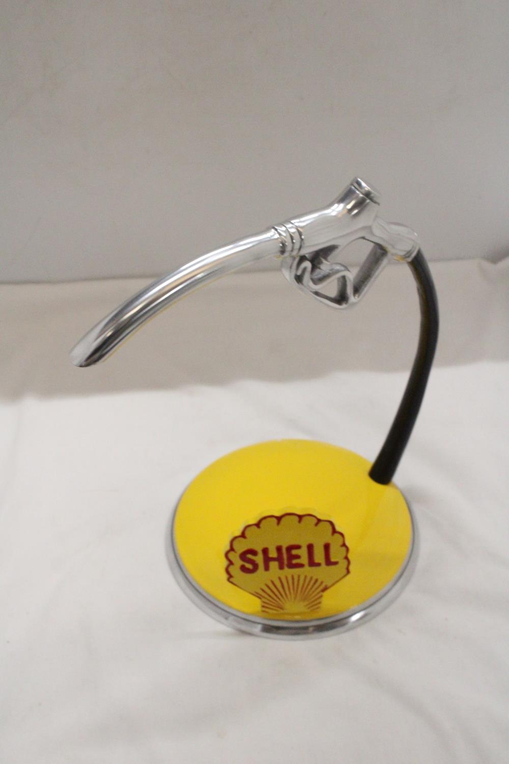 A CHROME AND YELLOW SHELL PETROL PUMP HANDLE, HEIGHT 33CM