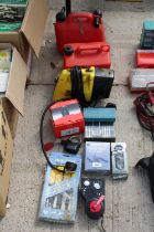 AN ASSORTMENT OF ITEMS TO INCLUDE A CHISEL SET, HAND GRIPS AND FUEL CANS ETC