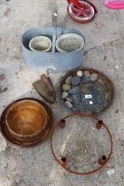 AN ASSORTMENT OF GARDEN ITEMS TO INCLUDE A MILK CHURN LID, A FLAT IRON AND A CANDLE HOLDER ETC