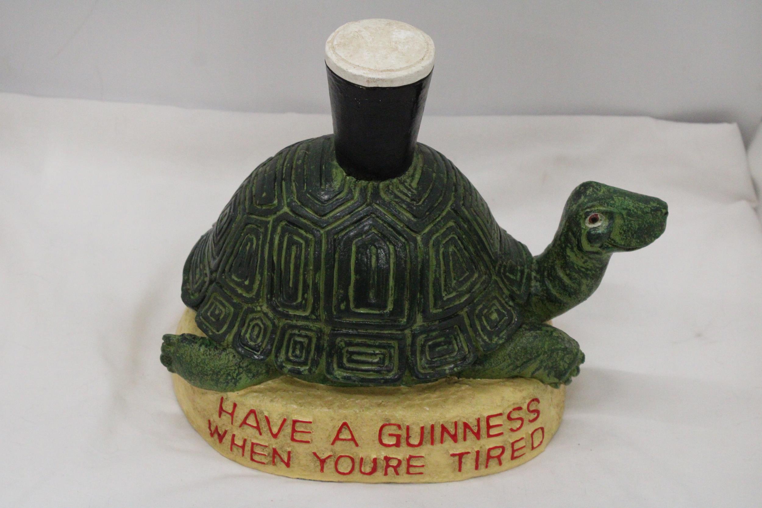 A LARGE, GUINNESS, RESIN TORTOISE, ADVERTISING FIGURE, HEIGHT 25CM, LENGTH 28CM