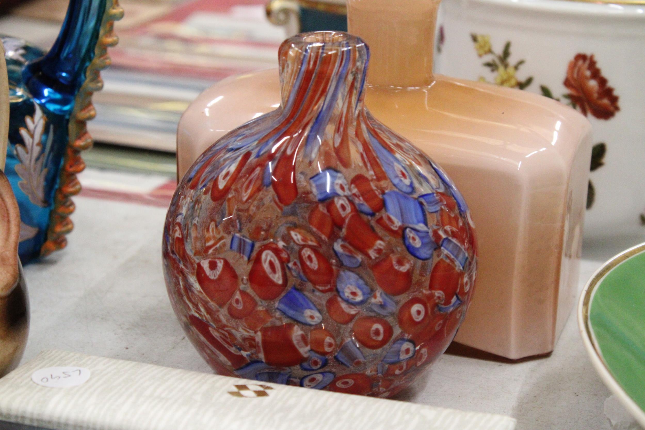A PEACH GLASS BOTTLE VASE AND A MILLIFIORE VASE - POSSIBLY MURANO - Image 3 of 4