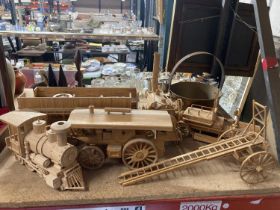 A QUANTITY OF MODELS MADE WITH WOOD AND MATCHSTICKS TO INCLUDE TRAINS, A TRAM, TRUCK, ETC