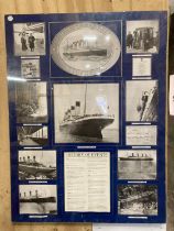 A PERSPEX FRAMED, RMS TITANIC, NEWS FOOTAGE, PHOTOS AND INFORMATION PRINT, 60CM X 80CM