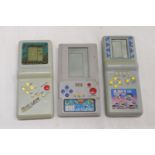 THREE VINTAGE HAND HELD GAMES TO INCLUDE, 'BLOCK GAME', 'SUPER CHALLENGE' AND '5 IN 1'