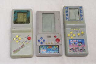 THREE VINTAGE HAND HELD GAMES TO INCLUDE, 'BLOCK GAME', 'SUPER CHALLENGE' AND '5 IN 1'