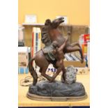 A HEAVY FRENCH METAL HORSE AND MAN ON WOODEN BASE "OFFERT PAR LA FEDERATION 1933