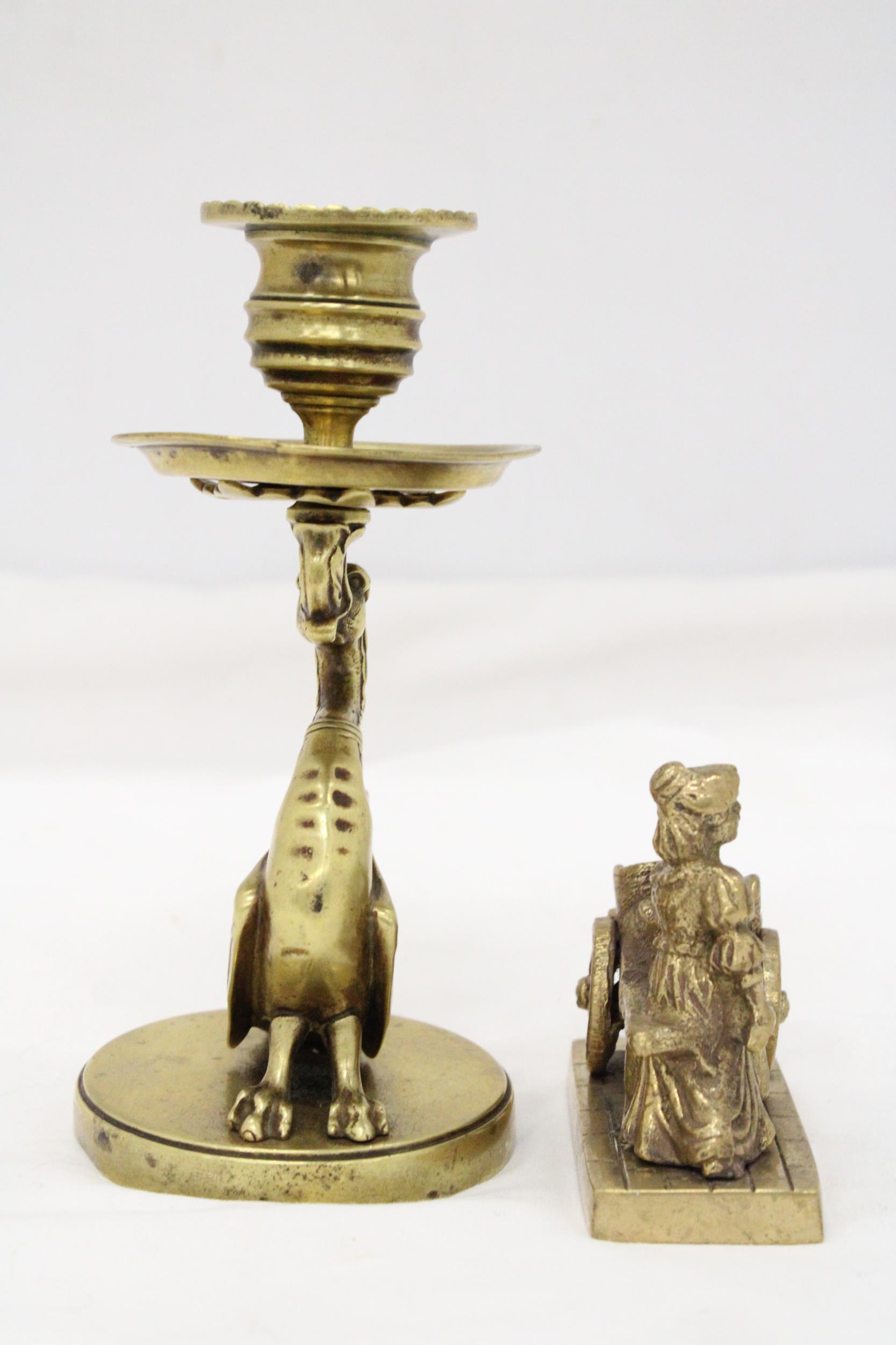 A VINTAGE BRASS GRYPHON CANDLESTICK PLUS A MOLLY MALONE FIGURE - Image 3 of 3
