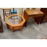 A RETRO TEAK VANITY TABLE WITH LIFT-UP TOP AND HEXAGONAL TWO TIER COFFEE TABLE