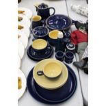 A QUANTITY OF DENBY COBALT BLUE STONEWARE TO INCLUDE A COFFEEPOT, LIDDED TUREEN, CUPS AND SAUCERS,