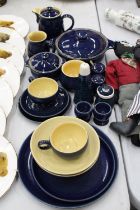 A QUANTITY OF DENBY COBALT BLUE STONEWARE TO INCLUDE A COFFEEPOT, LIDDED TUREEN, CUPS AND SAUCERS,