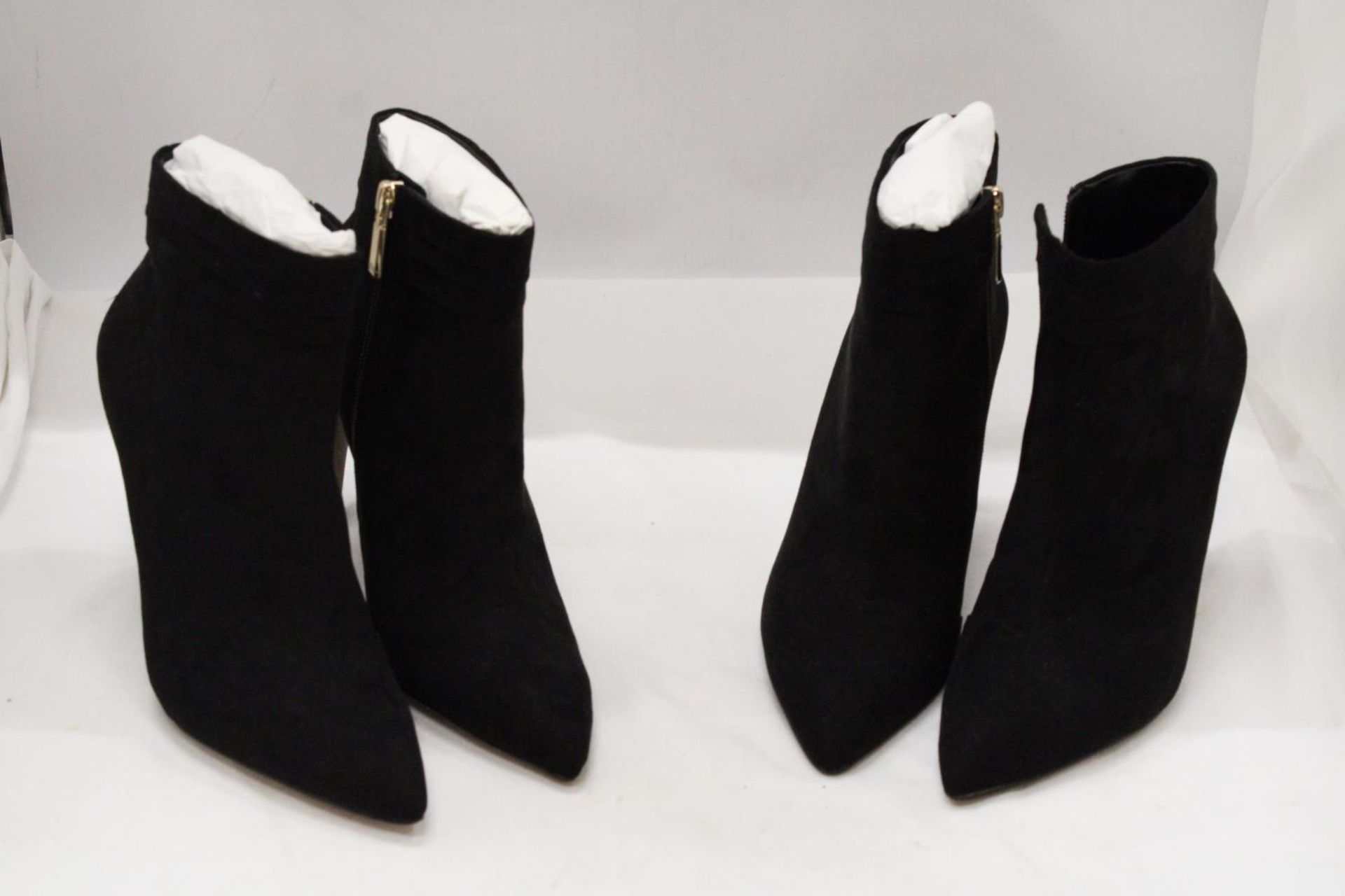 TWO PAIRS OF BOXED "KAREN MILLEN" BLACK HEELED BOOTS - BOTH SIZE 38