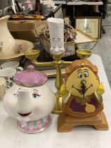 THREE ITEMS FROM 'BEAUTY AND THE BEAST' TO INCLUDE A TEAPOT, CANDLESTICK AND CLOCK