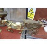 A VINTAGE HEAVY BRASS SHIRE HORSE AND CART