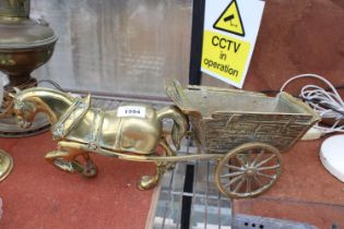 A VINTAGE HEAVY BRASS SHIRE HORSE AND CART