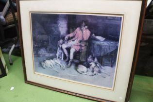 A LARGE FRAMED PRINT OF A PAINTING BY PHILIP E STRETTON, 1891, OF A HUNTSMAN WITH HIS HOUNDS,