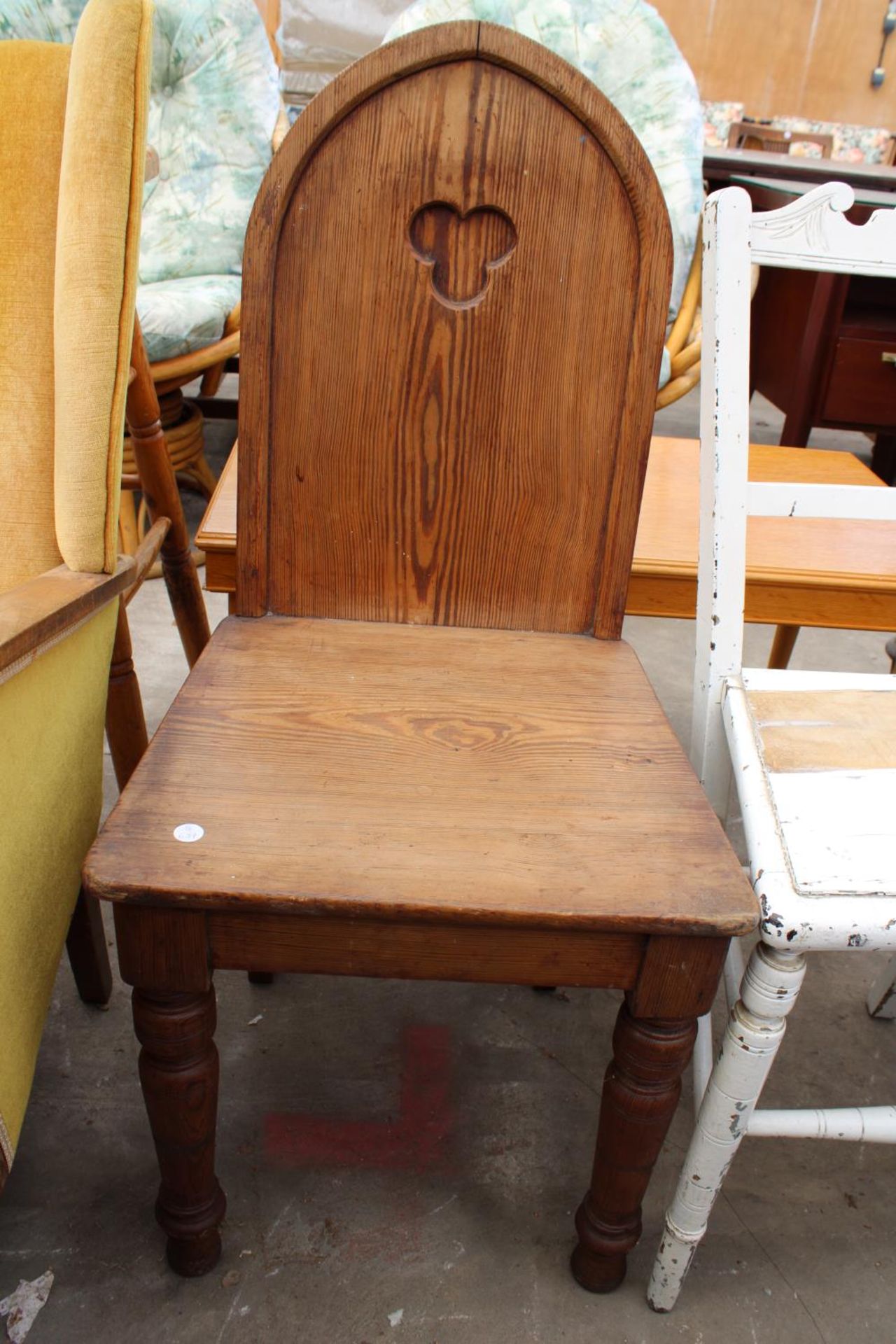 A VICTORIAN PITCH PINE HALL CHAIR AND A PAINTED BEDROOM CHAIR - Image 2 of 2