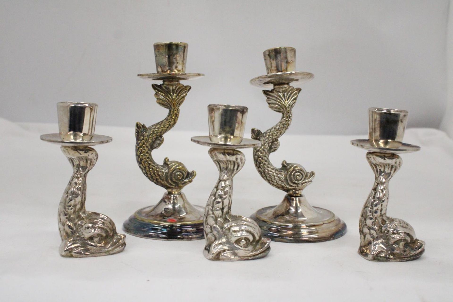 TWO VINTAGE ORNATE SILVER PLATED KOI CARP CANDLE HOLDERS PLUS THREE FURTHER KOI FISH CANDLE STICKS