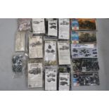 A LARGE COLLECTION OF BOXED MILITARY VEHICLES AND EQUIPMENT TO INCLUDE HASEGAWA