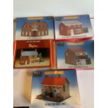 FIVE AS NEW AND BOXED HORNBY 00 GAUGE RAILWAY MODEL BUILDINGS TO INCLUDE A BANK, VILLAGE SHOP,