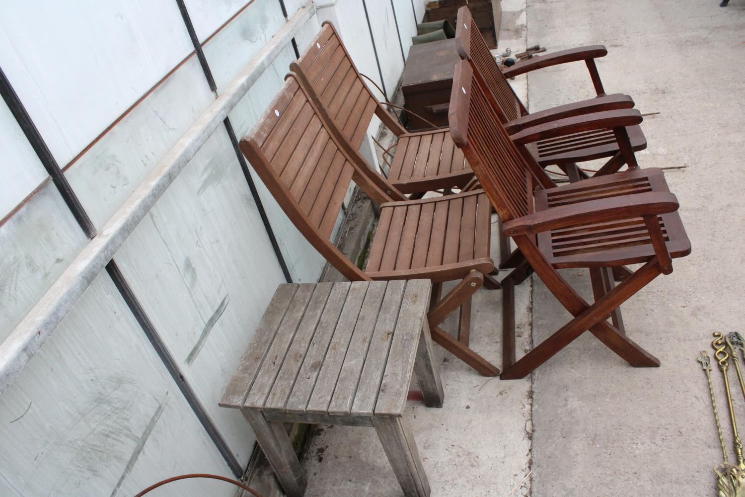 TWO PAIRS OF TEAK FOLDING CHAIRS AND A WOODEN SLATTED TABLE - Image 2 of 4