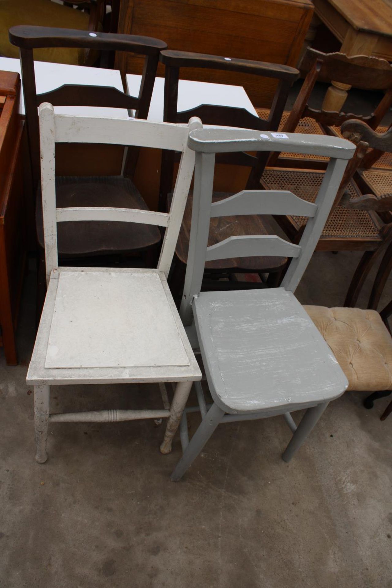 THREE PAINTED CHAPEL STYLE CHAIRS AND A BEDROOM CHAIR