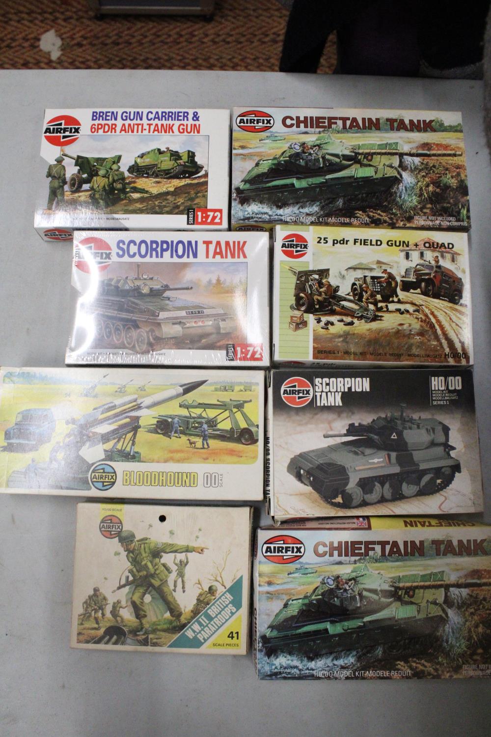 EIGHT BOXED AIRFIX MODEL KITS OF VARIOUS MILITARY VEHICLES AND EQUIPMENT ETC.
