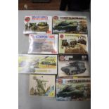 EIGHT BOXED AIRFIX MODEL KITS OF VARIOUS MILITARY VEHICLES AND EQUIPMENT ETC.