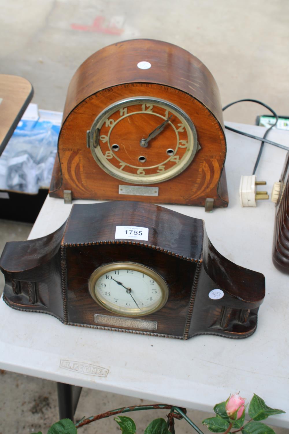 A WESTMINISTER CHIMING MANTLE CLOCK WITH A PLAQUE DATED 1936 AND A FURTHER MANTLE CLOCK BEARING A