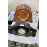 A WESTMINISTER CHIMING MANTLE CLOCK WITH A PLAQUE DATED 1936 AND A FURTHER MANTLE CLOCK BEARING A