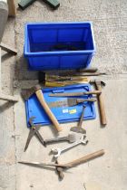 AN ASSORTMENT OF TOOLS TO INCLUDE CHISELS, AN AXE AND A BRACE DRILL ETC