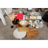 AN ASSORTMENT OF HOUSEHOLD ITEMS TO INCLUDE CHOPPING BOARDS, FLATWARE AND CERAMICS ETC