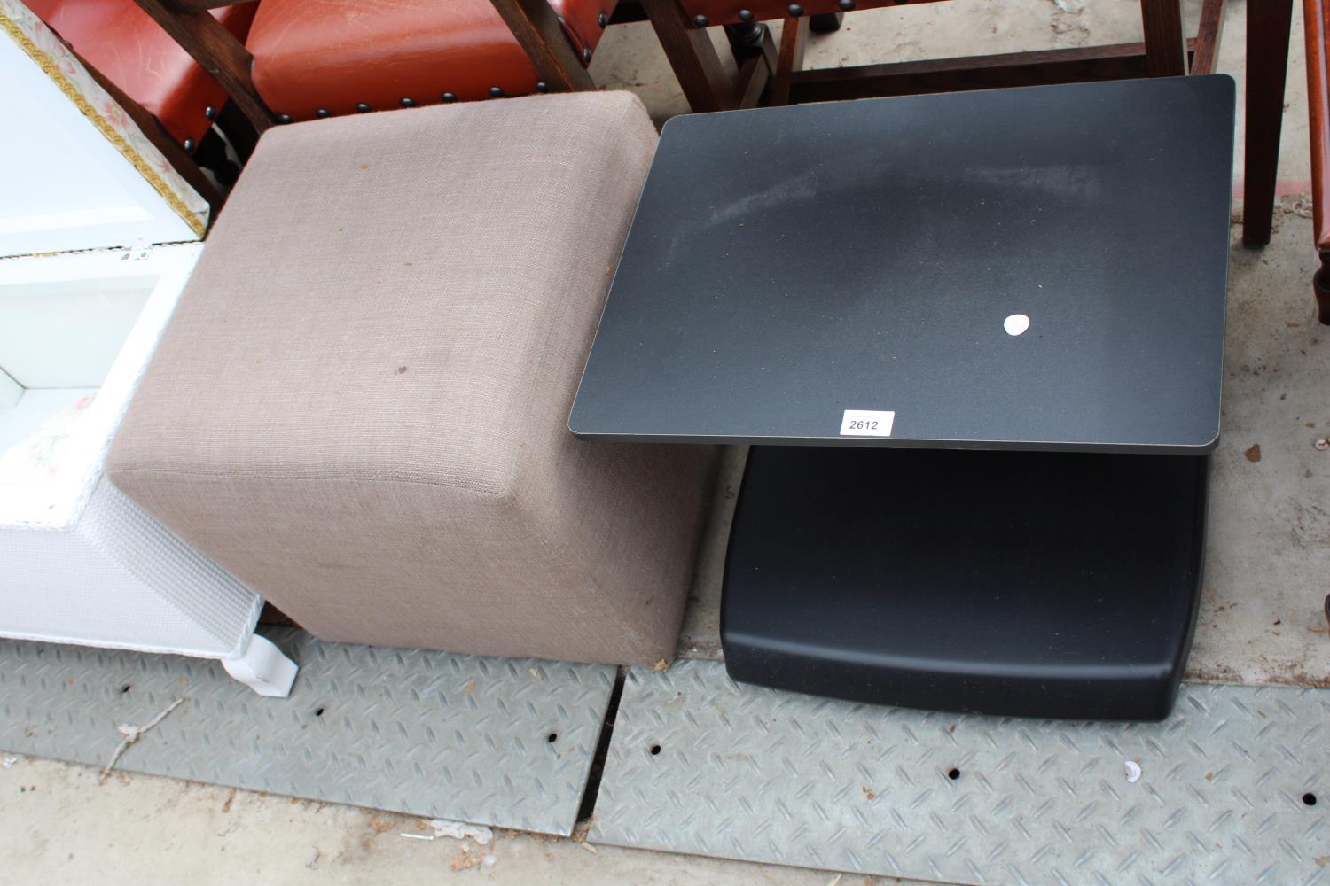 TWO LLOYD LOOM STYLE OTTOMANS, UPHOLSTERED BOX STOOL AND T.V. STAND - Image 3 of 3