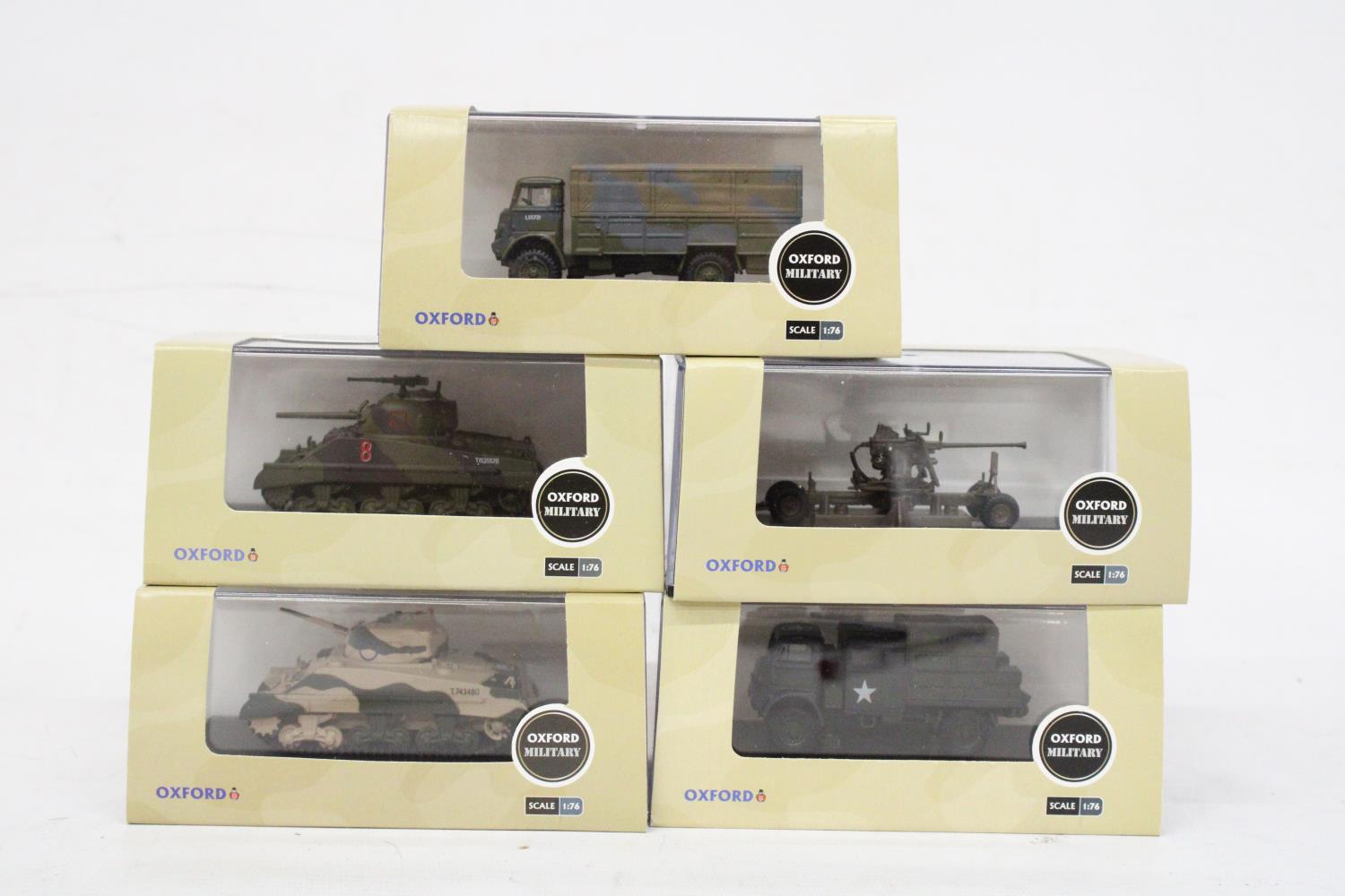 FIVE AS NEW AND BOXED OXFORD MILITARY VEHICLES