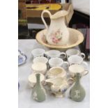 A LARGE VICTORIAN 'BLAKENEY', WASH BOWL AND JUG, PORTMEIRION BOTANIC GARDEN CUPS, A SUGAR BOWL AND