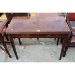 A 19TH CENTURY MAHOGANY AND INLAID FOLD-OVER TEA TABLE ON TAPERING LEGS, 37" WIDE