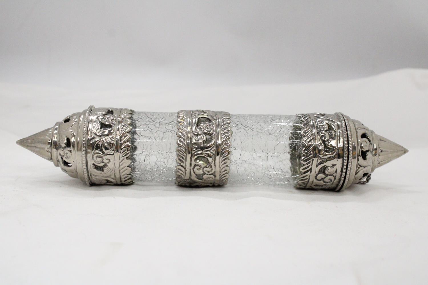 A FAR EAST SILVER PLATE AND CRACKLE GLASS SCROLL HOLDER