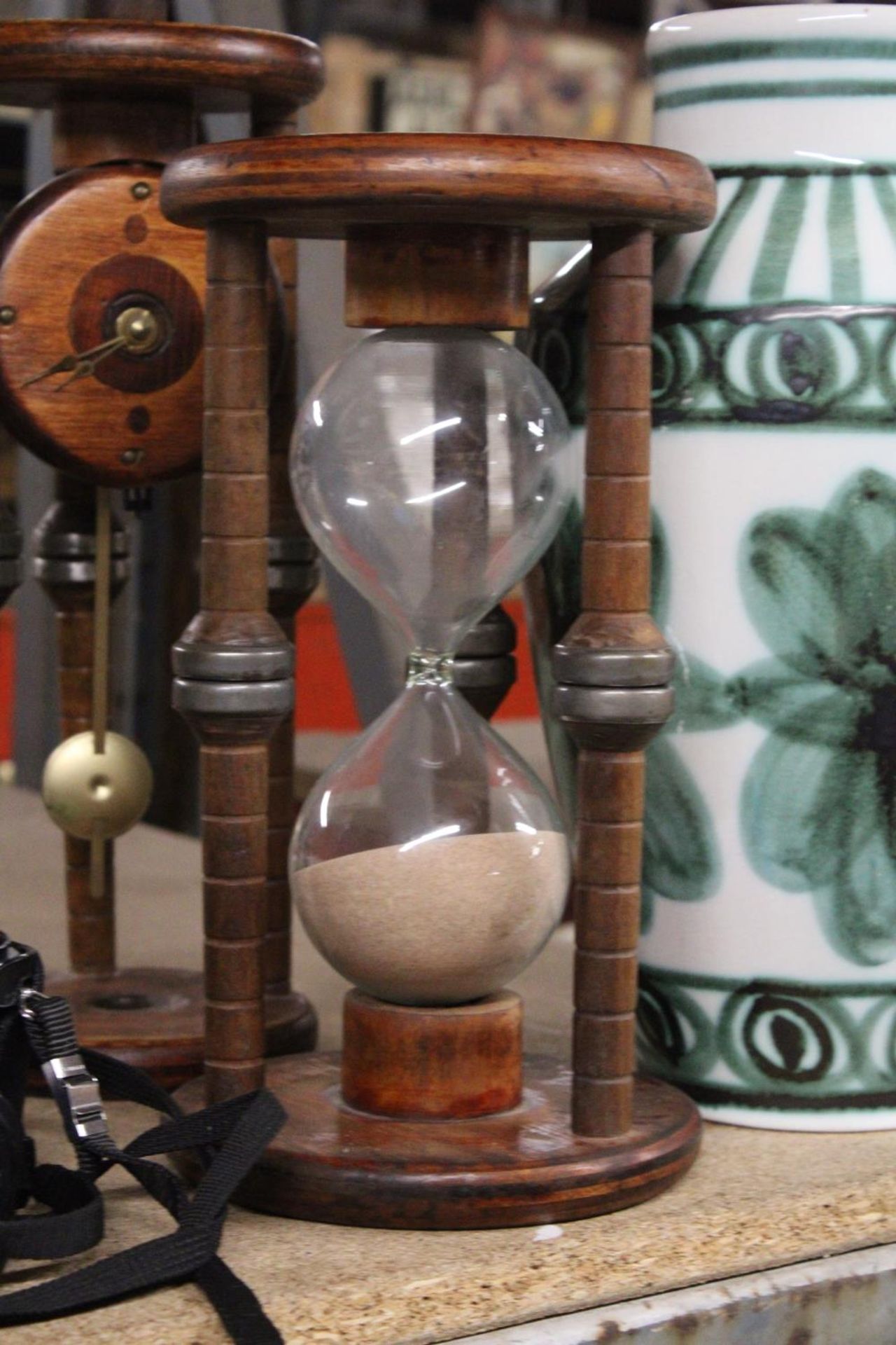 A VINTAGE WOODEN MANTLE CLOCK WITH OPEN MOVEMENT, A LARGE WOODEN SNAD TIMER PLUS A 'CINQUE PORTS', - Image 2 of 4