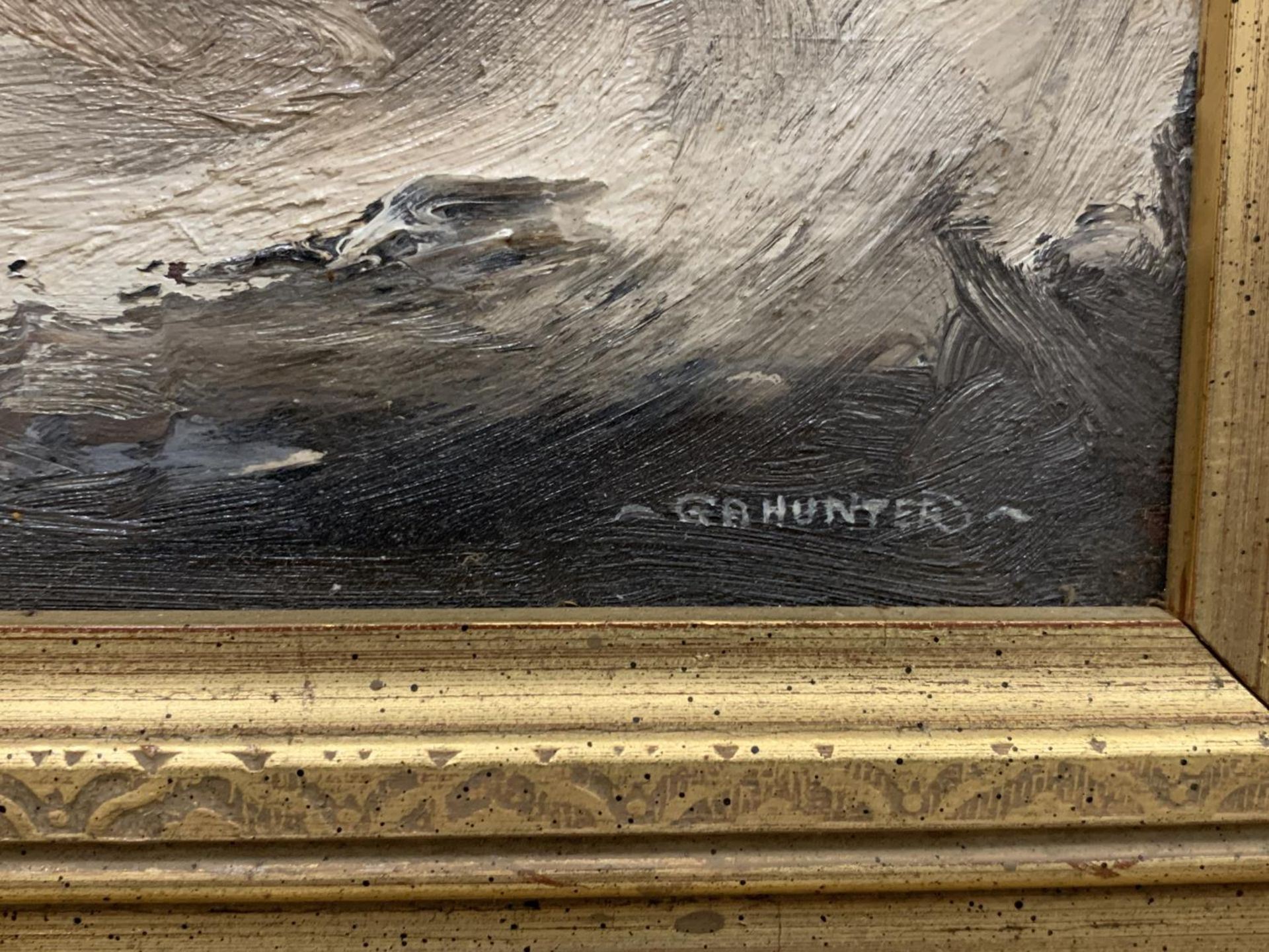 AN OIL ON BOARD OF A STORM AT SEA IN AN ORNATE GOLD FRAME SIGNED G A HUNTER - Image 2 of 2