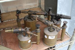 FOUR VARIOUS VINTAGE BRASS BLOW TORCHES TO INCLUDE TWO SWEEDISH MNADE EXAMPLES