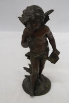 A BRONZE SCULPTURE OF A CHERUB SIGNED TO THE BASE