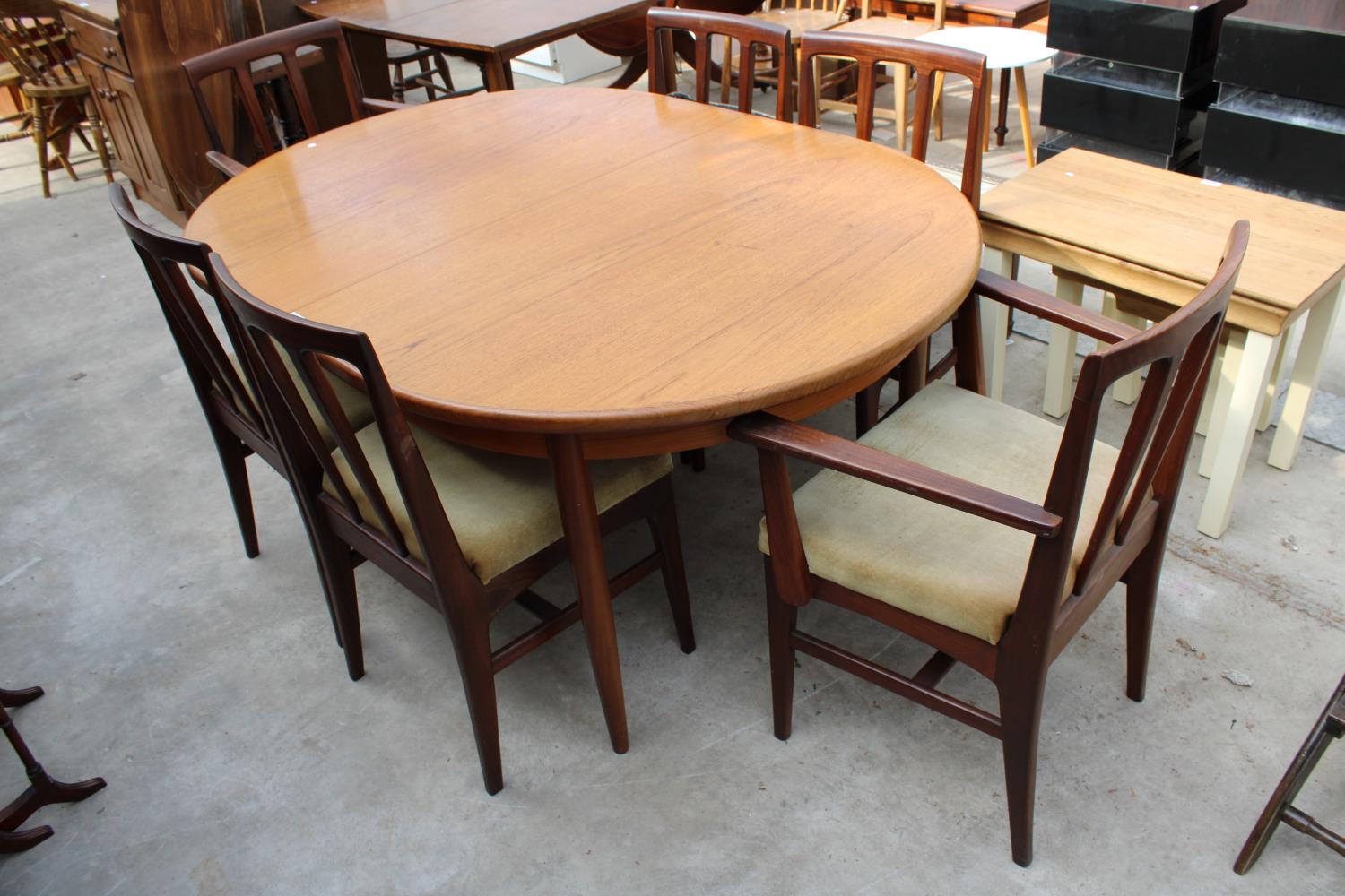A G PLAN RETRO TEAK EXTENDING DINING TABLE, 64" X 44" (LEAF 18") AND SIX CHAIRS, TWO BEING CARVERS