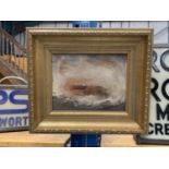 AN OIL ON BOARD OF A STORM AT SEA IN AN ORNATE GOLD FRAME SIGNED G A HUNTER